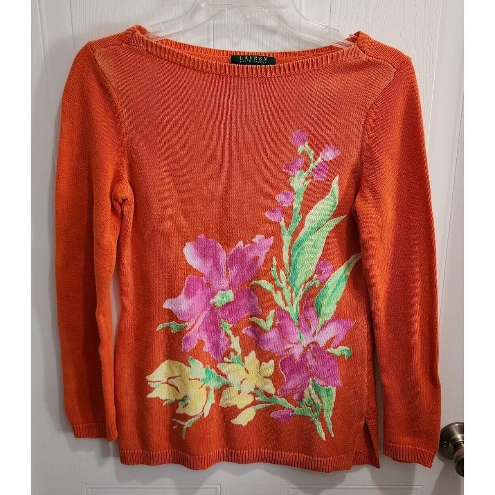 Lauren Ralph Lauren Women's Long Sleeve Orange Floral Knit Sweater Size Medium